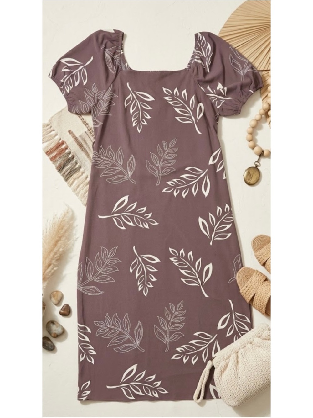 Absolutely Famous Square Neck Puff Sleeve Neutral Leaf Print Midi Dress - Picture 2 of 16